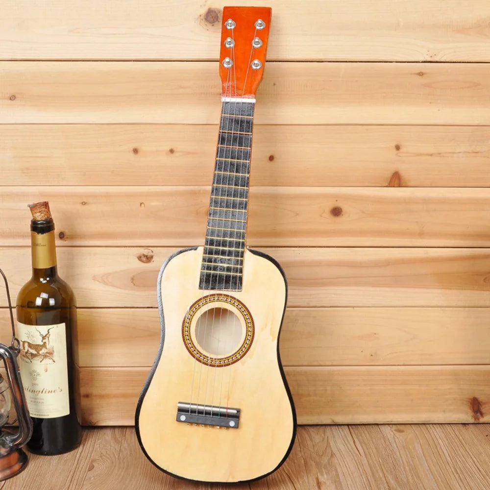 A small light-colored solid wood children’s guitar classical adjustable with black fretboard orange headstock durable sound quality