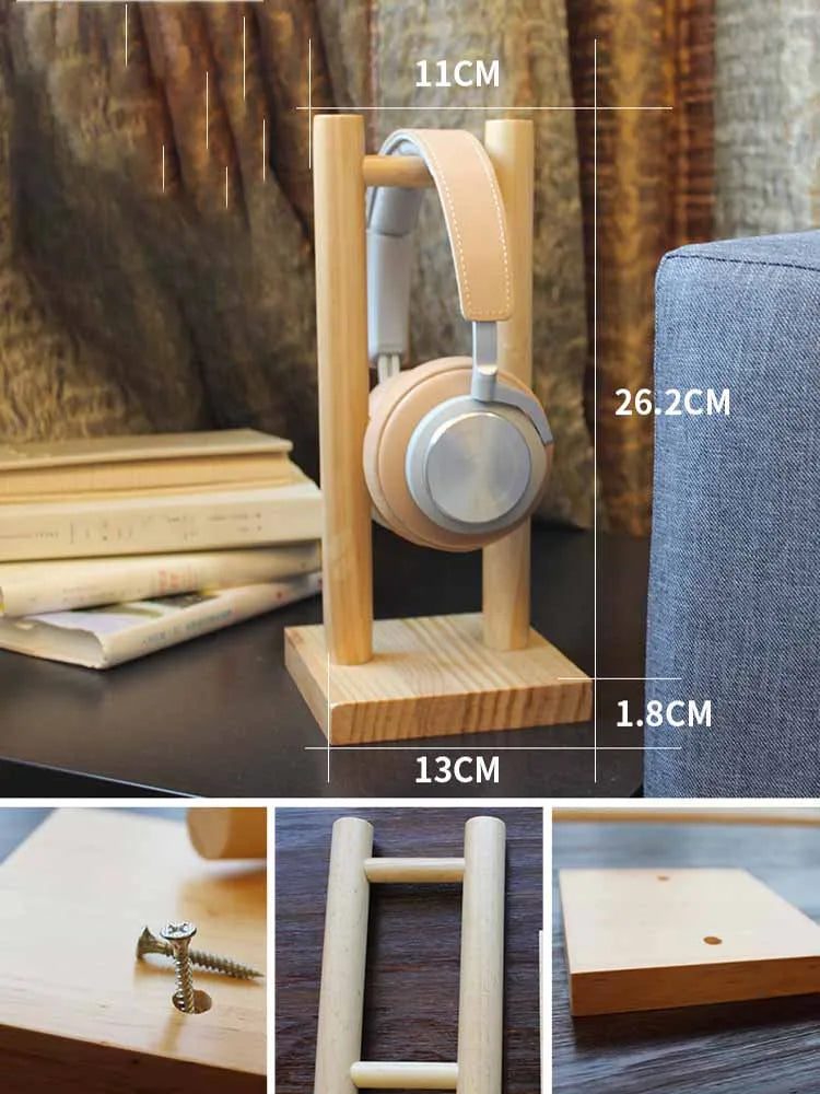 Light wood solid wood headphone stand holding beige and silver headphones for universal noise reduction headset hanger display