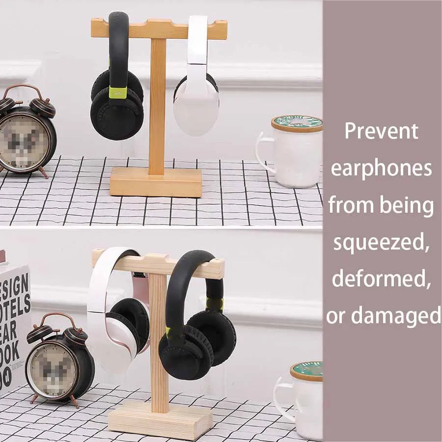 Light wood solid wood headphone stand holding black and white over-ear headphones for universal noise reduction use