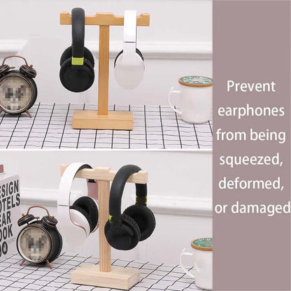 Light wood solid wood headphone stand holding black and white over-ear headphones for universal noise reduction use