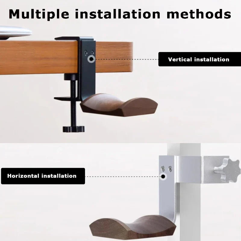Black and wood-toned solid wood headphones ergonomic wrist rest with adjustable clamp mount for gaming headset clip adjustable horizontal vertical use