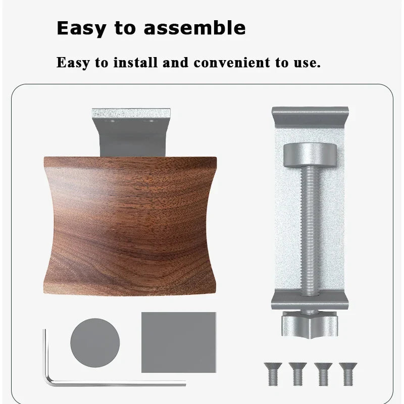 Brown solid wood headphones stand leg with silver adjustable gaming headset clip and mounting hardware attached vertically