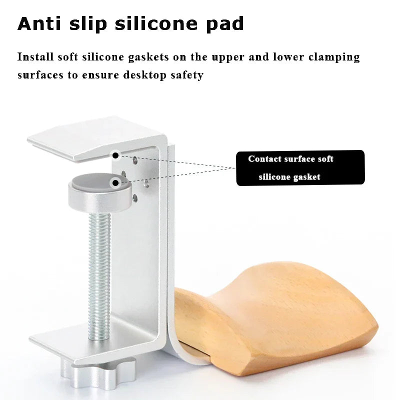 Silver metallic desk clamp with soft silicone gaskets for anti-slip safety on solid wood headphones gaming headset clip adjustable horizontal vertical installation