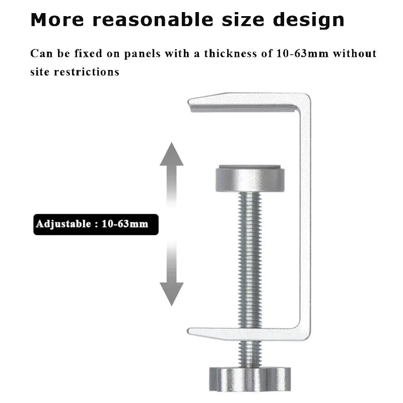Silver metal adjustable desk clamp with threaded screw and knob for securing panels in solid wood headphones gaming headset clip