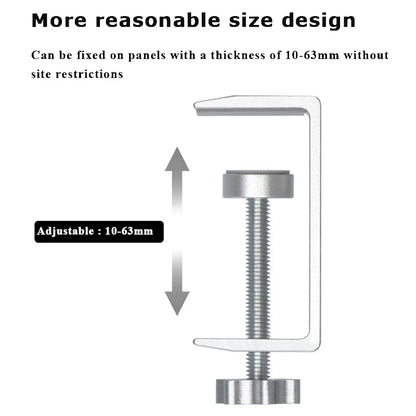 Silver metal adjustable desk clamp with threaded screw and knob for securing panels in solid wood headphones gaming headset clip
