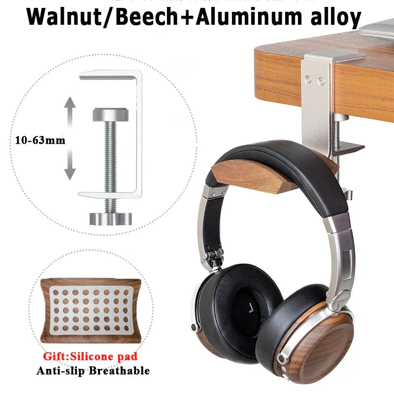 A sleek solid wood headphones stand in walnut and beech with aluminum alloy gaming headset clip and adjustable install