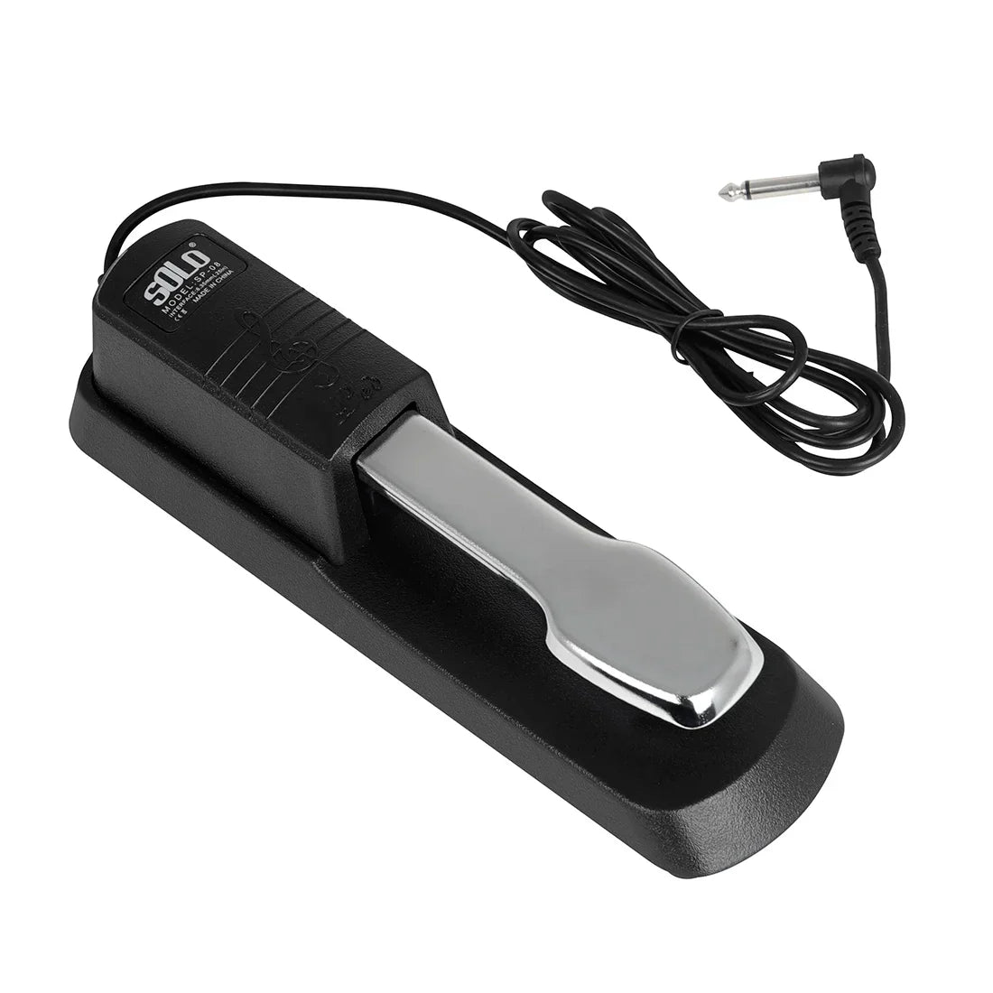Black solo piano sustain pedal with chrome footplate and coiled cable for midi keyboards electronic use