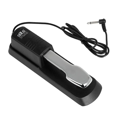 Black solo piano sustain pedal with chrome footplate and coiled cable for midi keyboards electronic use
