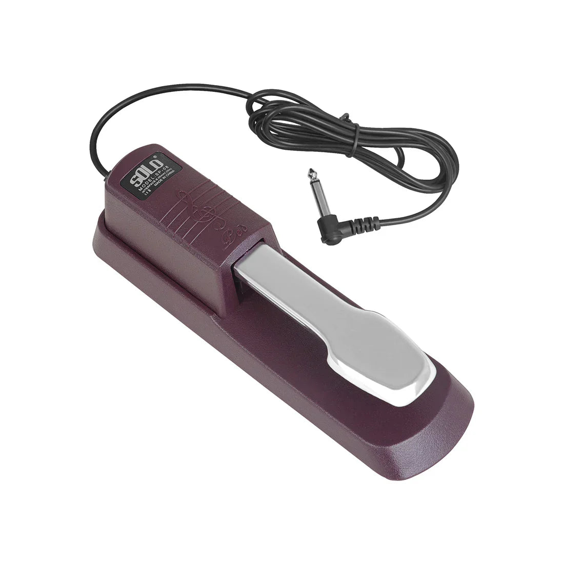 Maroon solo piano sustain pedal with polished chrome footplate and black coiled cable for midi keyboards electronic use