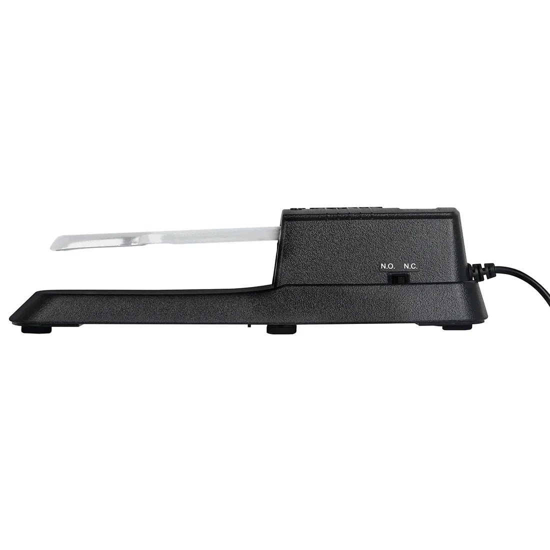 Black plastic solo piano sustain pedal with metallic lever labeled n.o suitable for midi keyboards electronic use