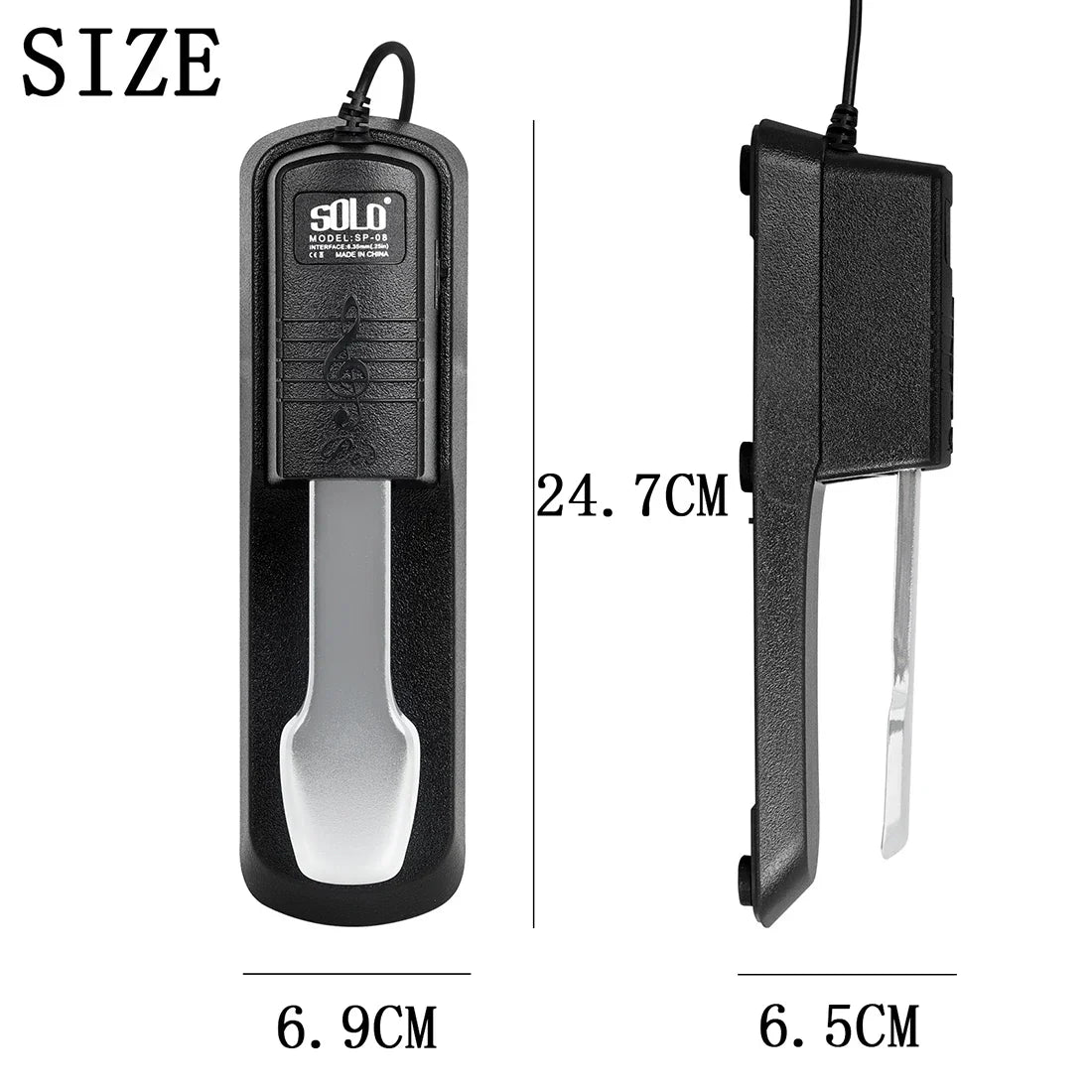 Black plastic and silver metal solo piano sustain pedal with engraved musical notes for midi keyboards electronic use