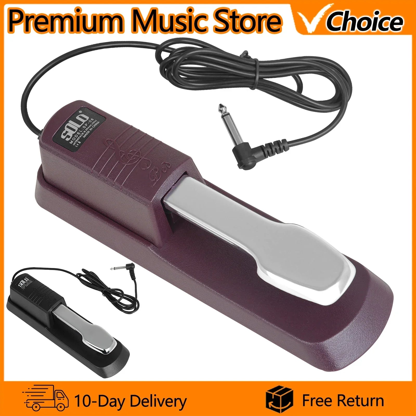 Maroon and silver sola solo piano sustain pedal with black cable for midi keyboards electronic with 6.35mm plug