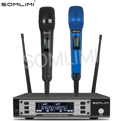 Black and blue somlimi 135g4 uhf dual channel wireless metal handheld microphones with digital displays for stage use