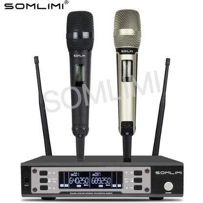 Black and silver somlimi 135g4 uhf dual channel wireless microphone system with two metal handheld mics for stage use
