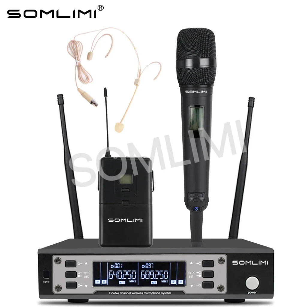 Black somlimi 135g4 metal wireless microphone system with handheld, bodypack transmitter, and headset for stage use