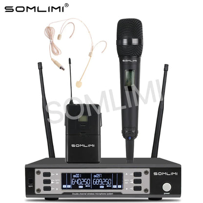 Black somlimi 135g4 metal wireless microphone system with handheld, bodypack transmitter, and headset for stage use