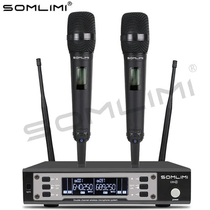 Black somlimi 135g4 uhf wireless microphone system with dual metal handheld mics and receiver with digital display and antennas