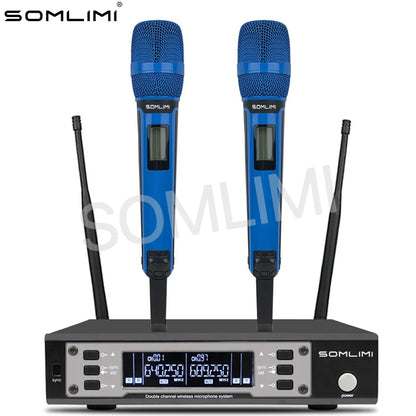 Blue somlimi 135g4 uhf dual channel wireless microphones with mesh grille digital display and black receiver unit for stage use