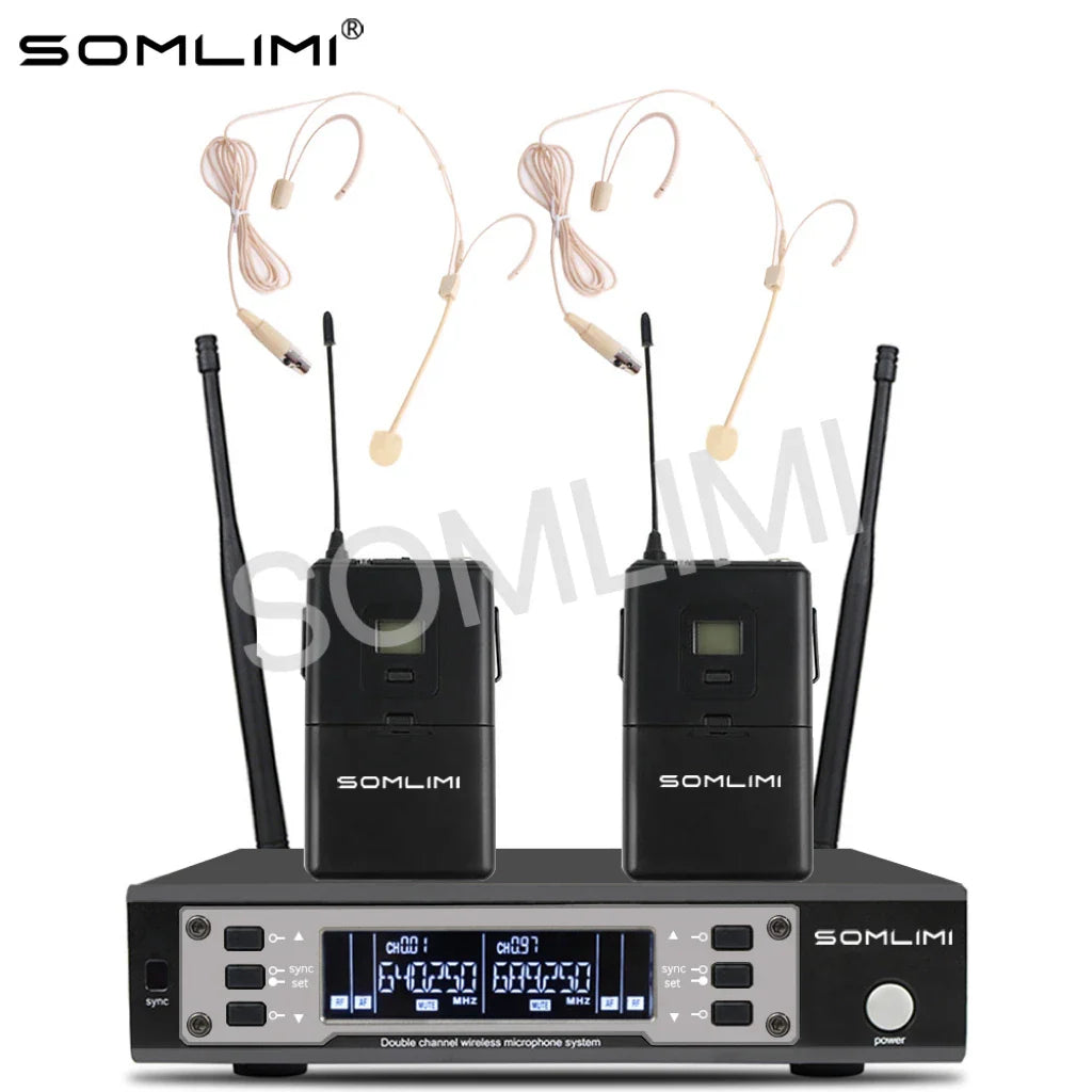 Black somlimi 135g4 uhf dual channel wireless microphone system with two metal bodypack transmitters and headsets