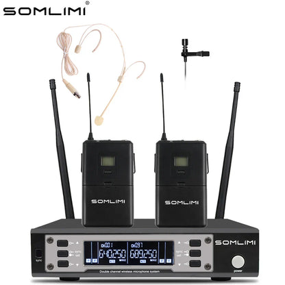 Black Somlimi 135G4 UHF dual channel wireless microphone system with two bodypack transmitters and LCD receiver display