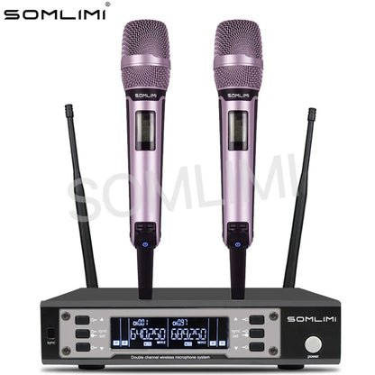 Pair of lavender-colored metal wireless microphones with mesh grilles and digital displays paired with black receiver unit for stage performance