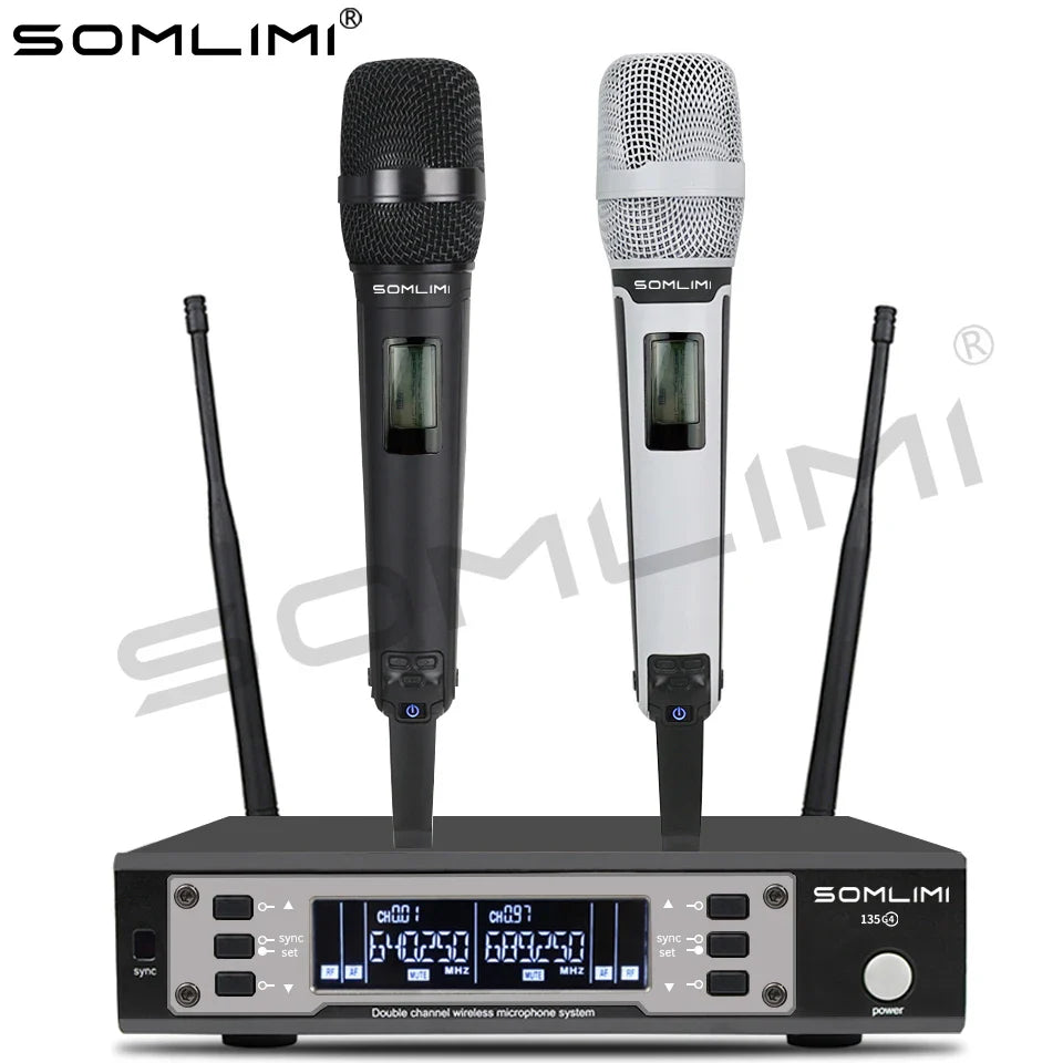 Black and silver somlimi 135g4 uhf dual channel wireless microphones with mesh grilles digital displays and matching receiver unit