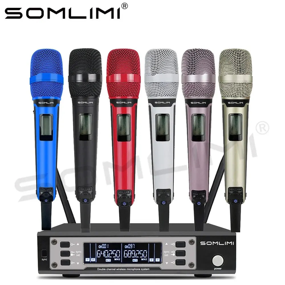 Set of six colorful somlimi 135g4 wireless metal handheld microphones with mesh grilles and digital displays on a receiver unit