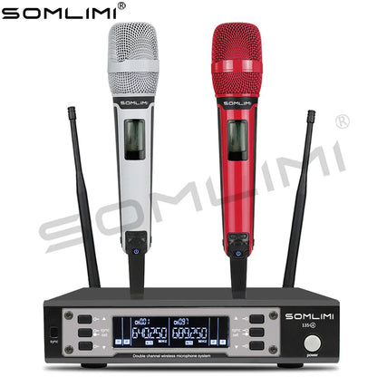 Silver and red somlimi wireless microphones with mesh grilles metal handheld for stage performance and long distance use