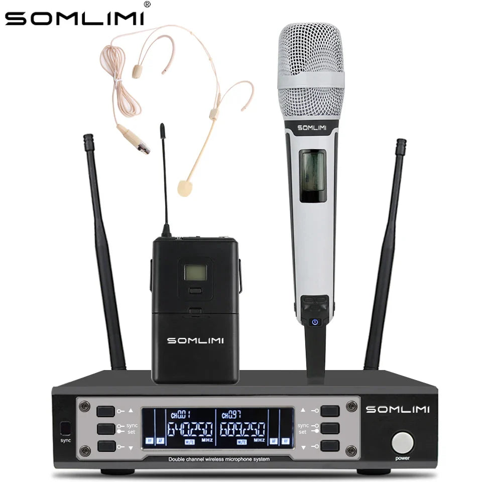 Silver and black somlimi 135g4 uhf dual channel wireless microphone system with handheld mic bodypack and receiver unit