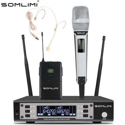 Silver and black somlimi 135g4 uhf dual channel wireless microphone system with handheld mic bodypack and receiver unit