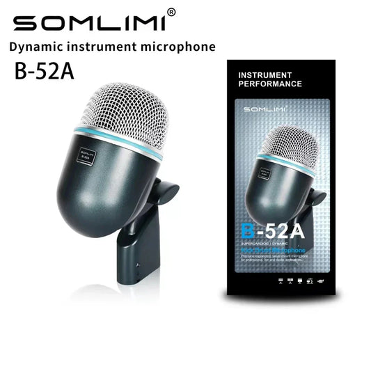 Black somlimi b-52a drum microphone instrument kick with silver mesh grille teal accent for drum snare kick recording