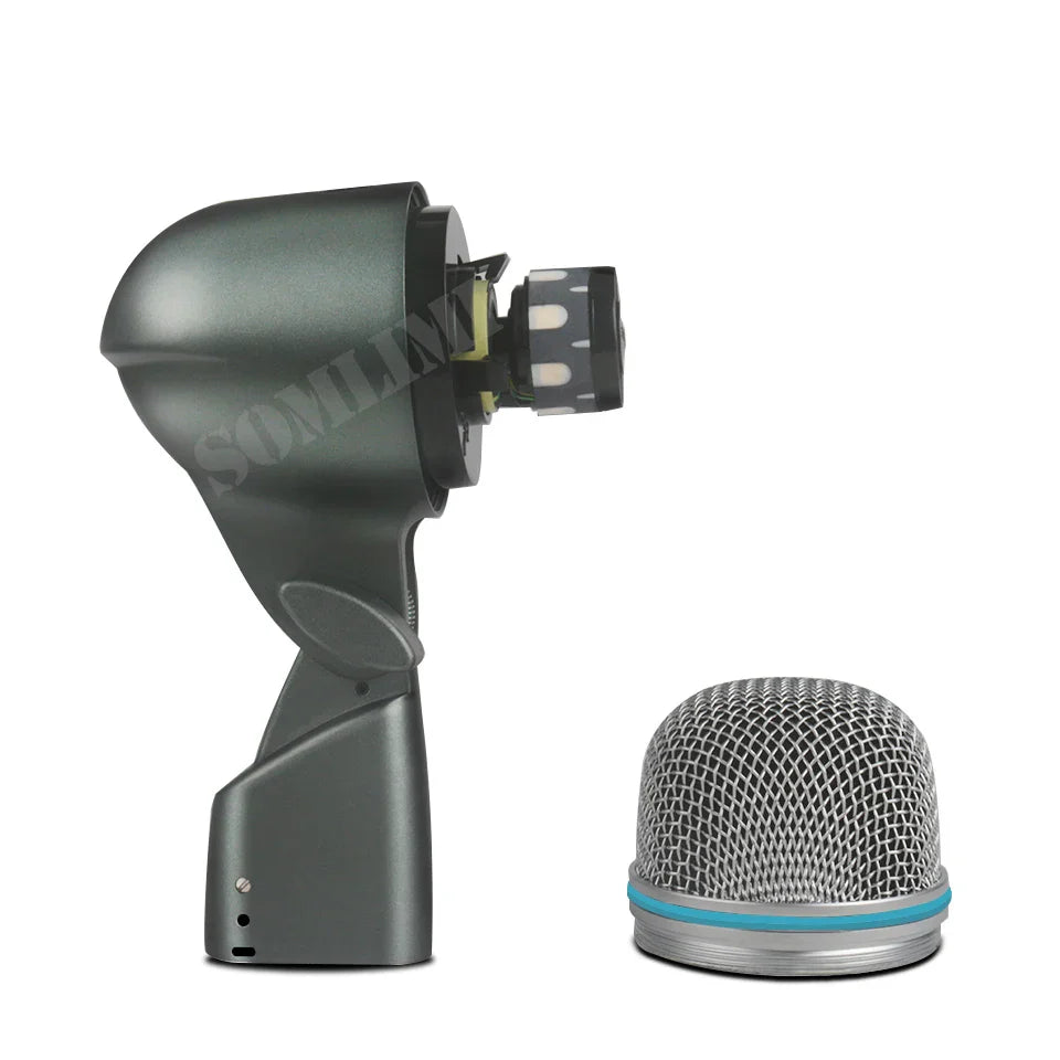 Dark gray metal somlimi b 52a drum microphone instrument kick with mesh grille and blue accent ring for drum snare kick