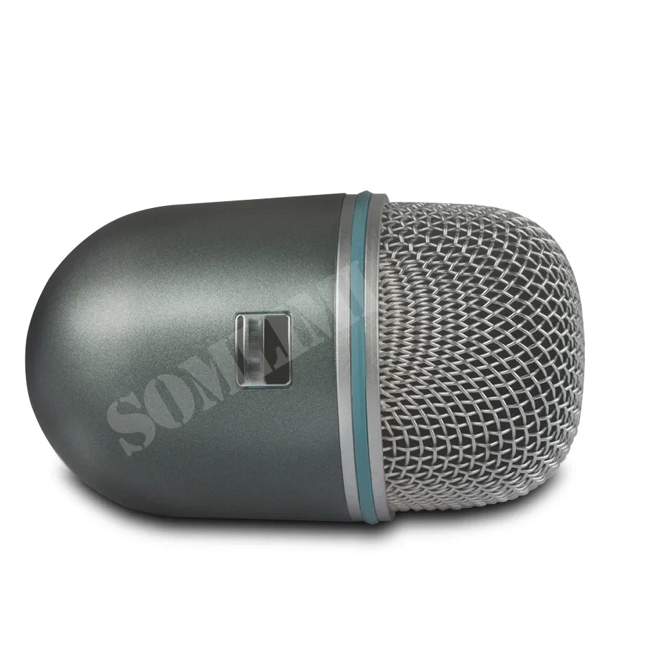 Dark gray somlimi b 52a drum microphone instrument kick with silver mesh grille and light blue accent band metal dynamic mic