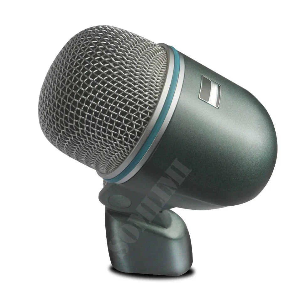 Dark green somlimi b 52a drum microphone with silver mesh grille and teal accent ring for kick drum bass mic use
