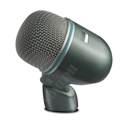 Dark green somlimi b 52a drum microphone with silver mesh grille and teal accent ring for kick drum bass mic use
