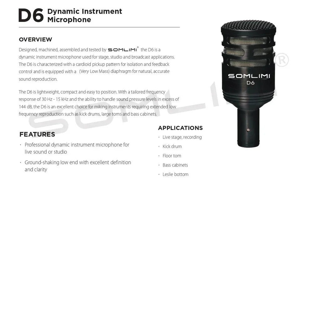 Black somlimi d6 drum microphone instrument with mesh grille and cylindrical body for bass and kick drum use