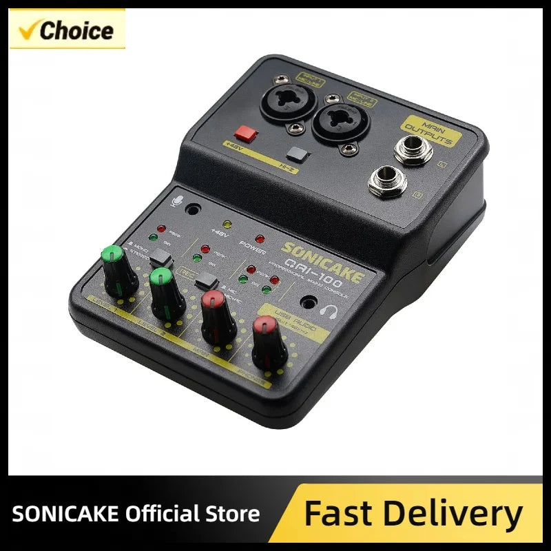 Black plastic sonicaake gri-100 2-channel mini audio mixer with usb output xlr inputs and green red knobs for recording home karaoke
