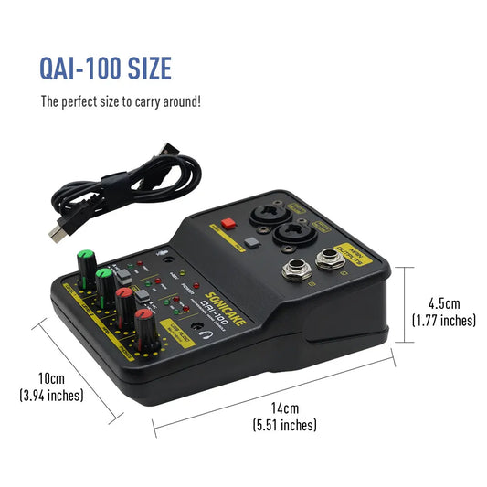 Black sonocake qai-100 mini audio mixer with green and red knobs yellow labeling for studio music recording and karaoke pc compatible