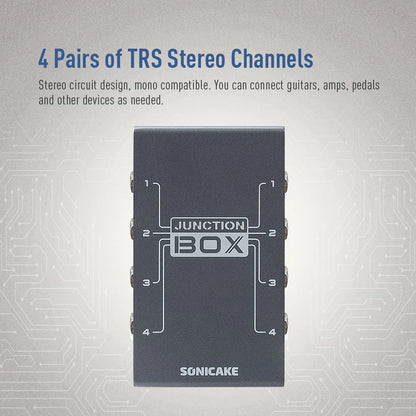 Black rectangular sonicake junction box with silver trs stereo channels for guitar bass pedal music instruments control system