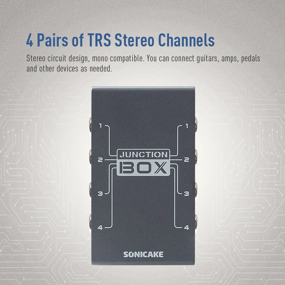 Black rectangular sonicake junction box with silver trs stereo channels for guitar bass pedal music instruments