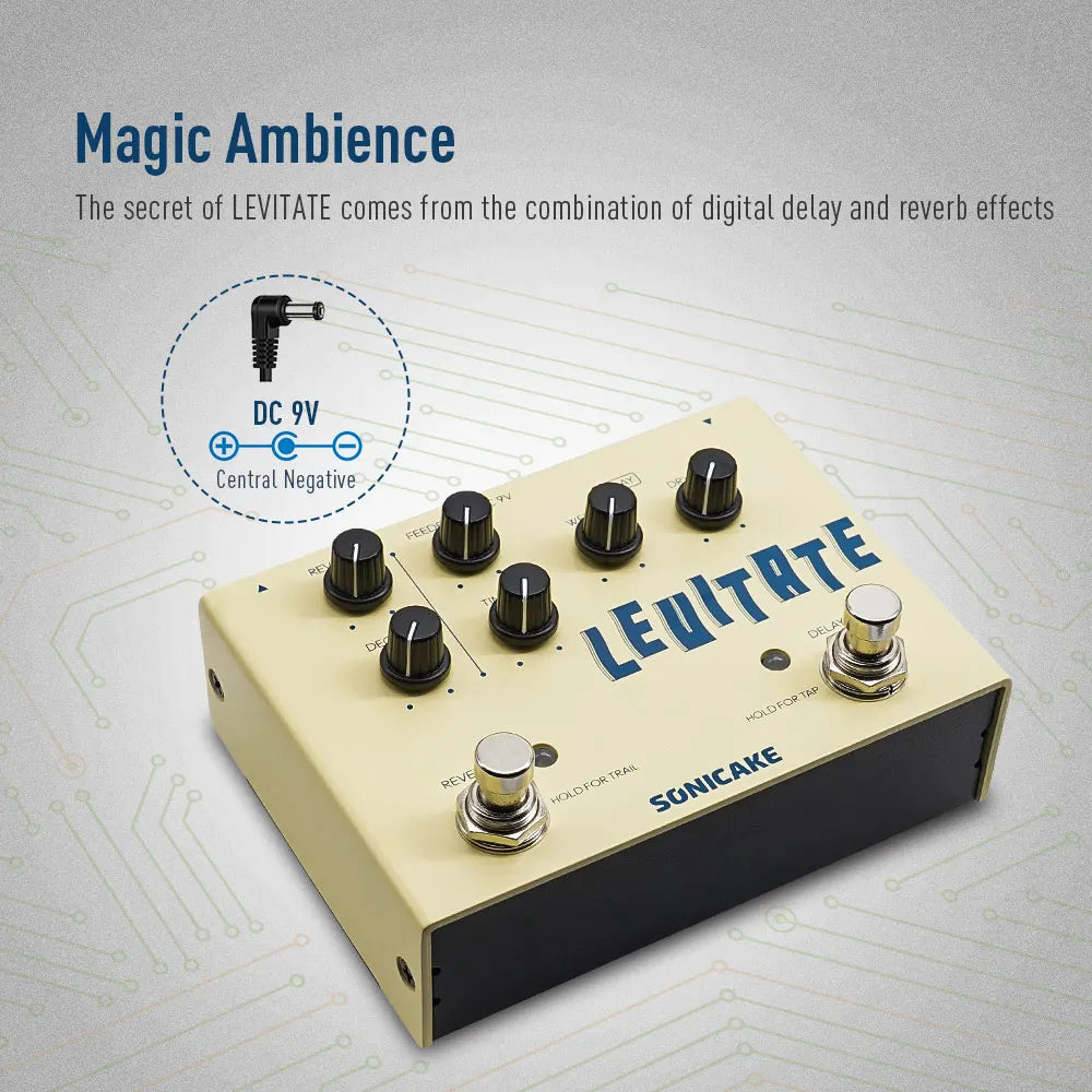 Cream-colored sonicake levitate dual digital delay and reverb guitar effects pedal with black knobs and silver footswitches