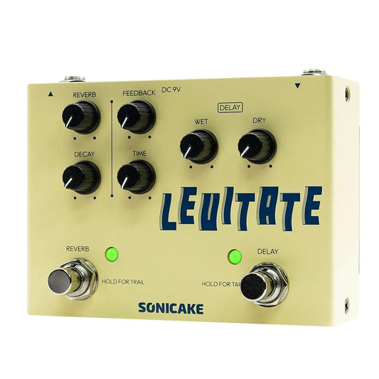 Cream-colored sonicake levitate dual footswitch stompbox with black knobs and blue lettering for reverb guitar effects
