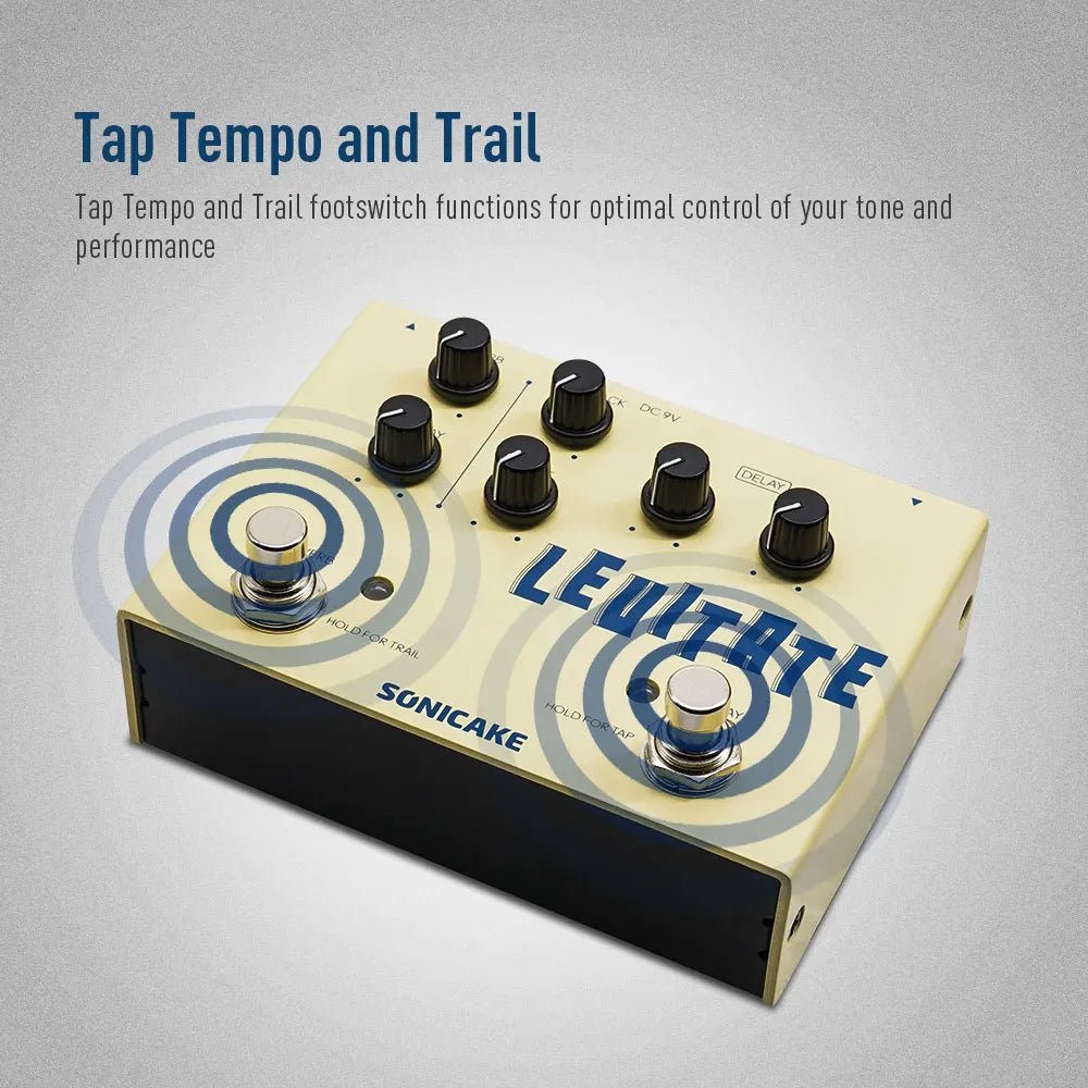 Cream-colored sonicake levitate dual footswitch stompbox digital delay and reverb guitar effects pedal with black knobs