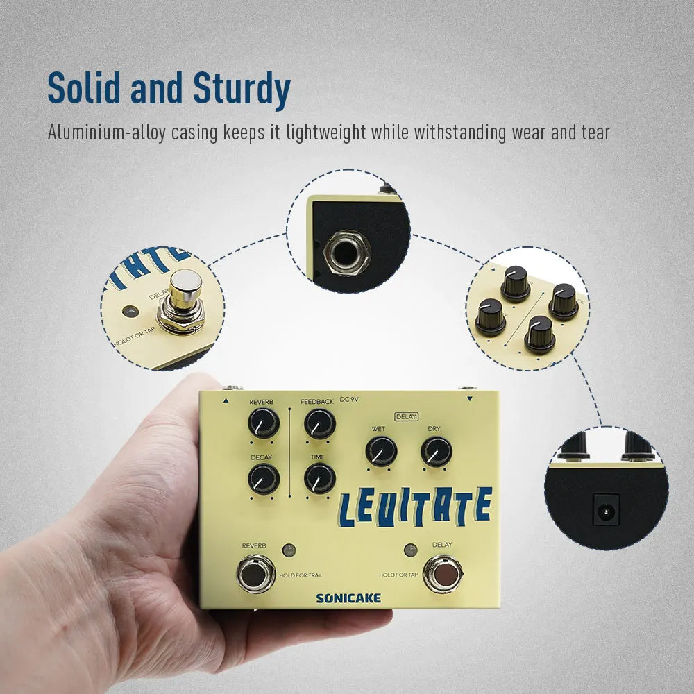 A pale yellow aluminum-alloy sonicake levitate dual reverb guitar effects dual footswitch stompbox pedal