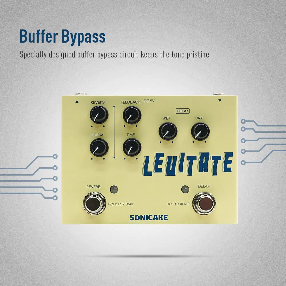 Yellow sonicake levitate dual footswitch stompbox guitar effects pedal with black knobs and silver footswitches for reverb