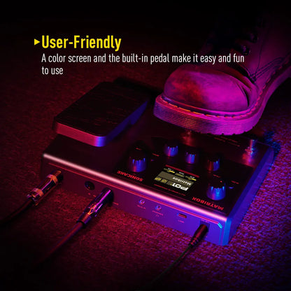 Black sonicake matribox p01 acoustic multi effects pedal with color screen built-in footswitch and expression pedal looper illuminated by purple lighting