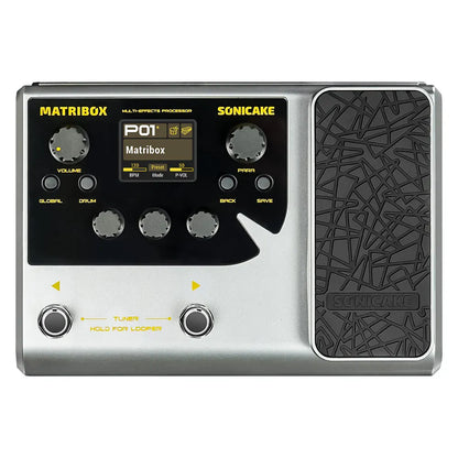 Silver and black sonicake matribox p01 acoustic multi effects processor pedal with textured footboard and expression pedal looper