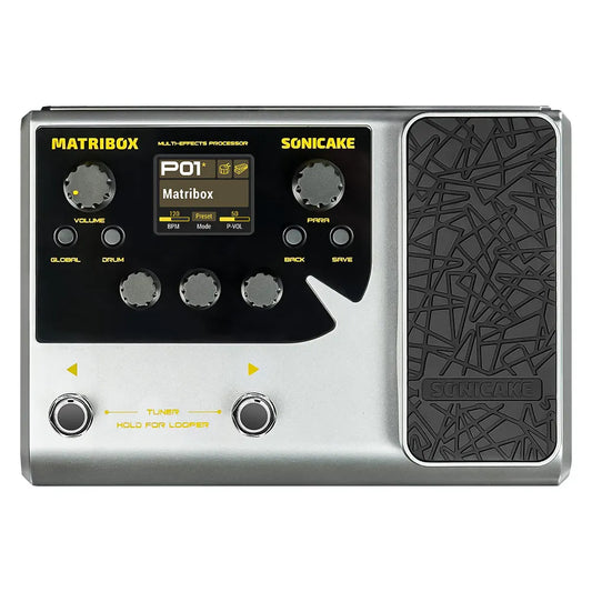 Silver and black sonicake matribox p01 acoustic multi effects processor pedal with textured footboard and expression pedal looper