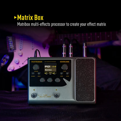 Silver and black sonicake matribox 140 multi effects processor with expression pedal looper and textured grip panel
