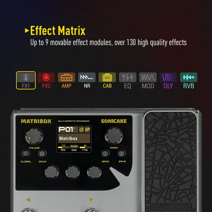 Silver and black sonicake matribox 140 acoustic multi effects processor with textured expression pedal looper surface